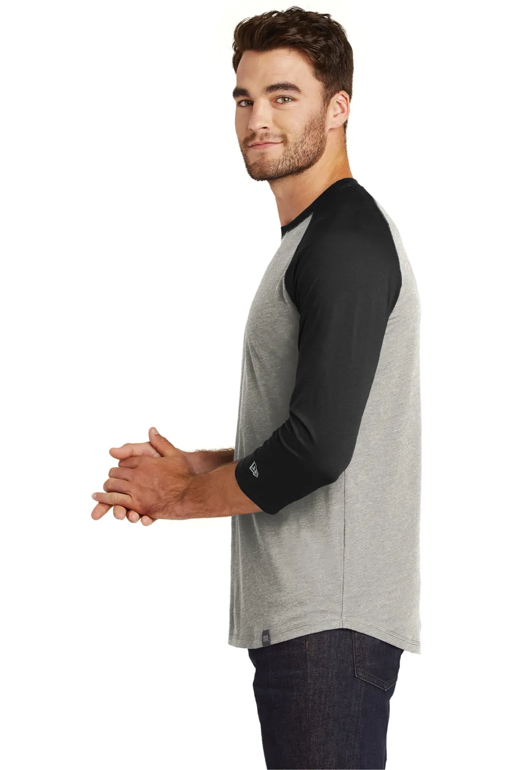 New Era Mens Heritage 3/4 Sleeve Crewneck T-Shirt - Black/Heather Rainstorm Grey