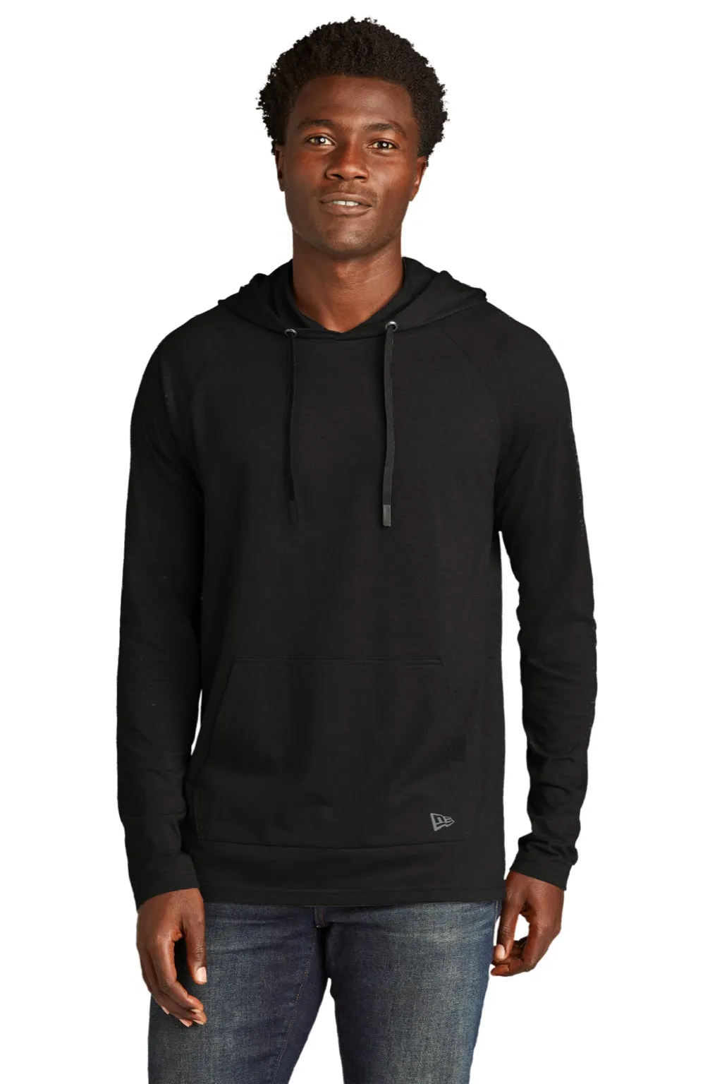 New Era Mens Moisture Wicking Long Sleeve Hooded T-Shirt w/ Pocket - Black