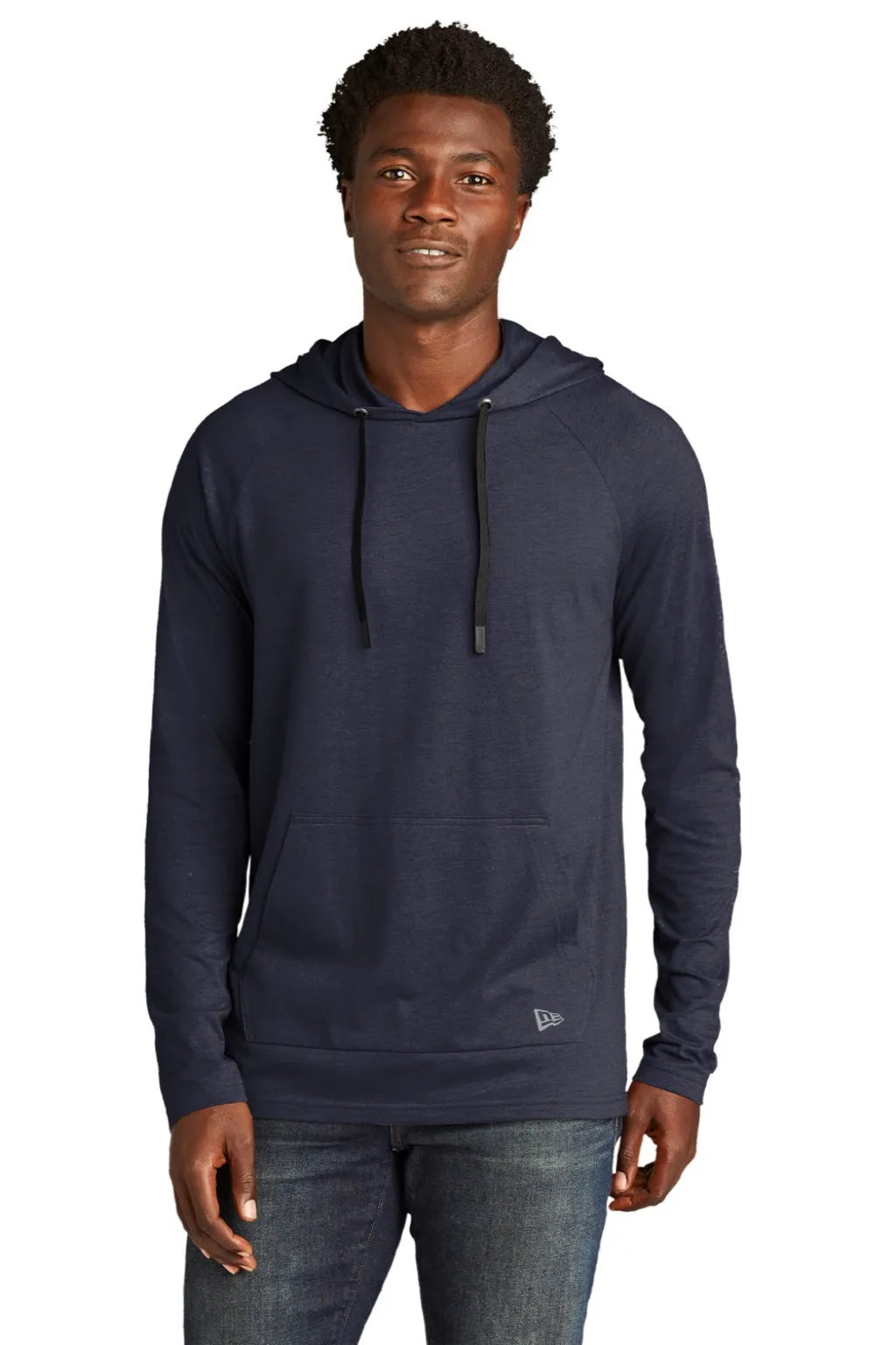 New Era Mens Moisture Wicking Long Sleeve Hooded T-Shirt w/ Pocket - True Navy Blue