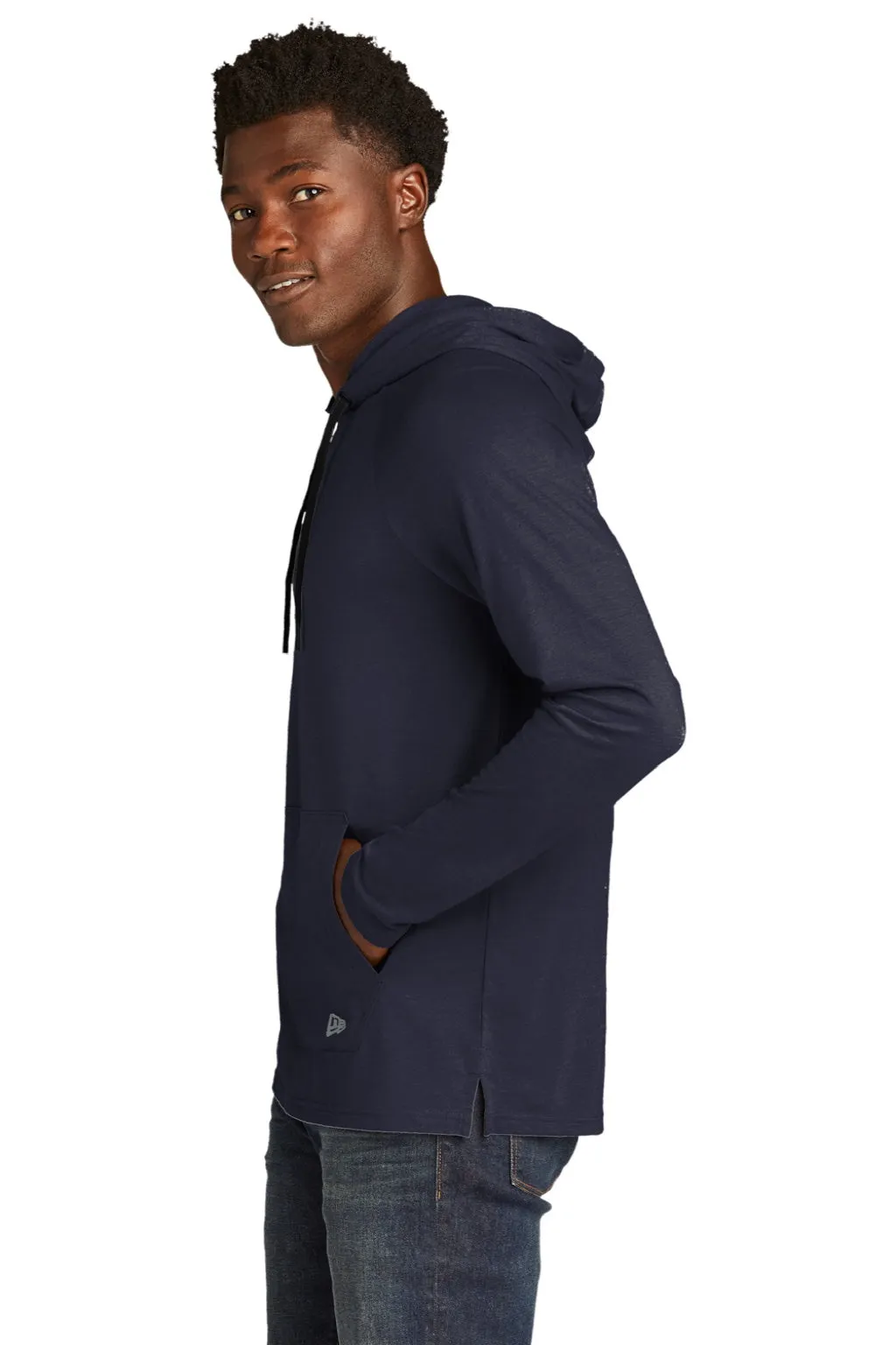 New Era Mens Moisture Wicking Long Sleeve Hooded T-Shirt w/ Pocket - True Navy Blue