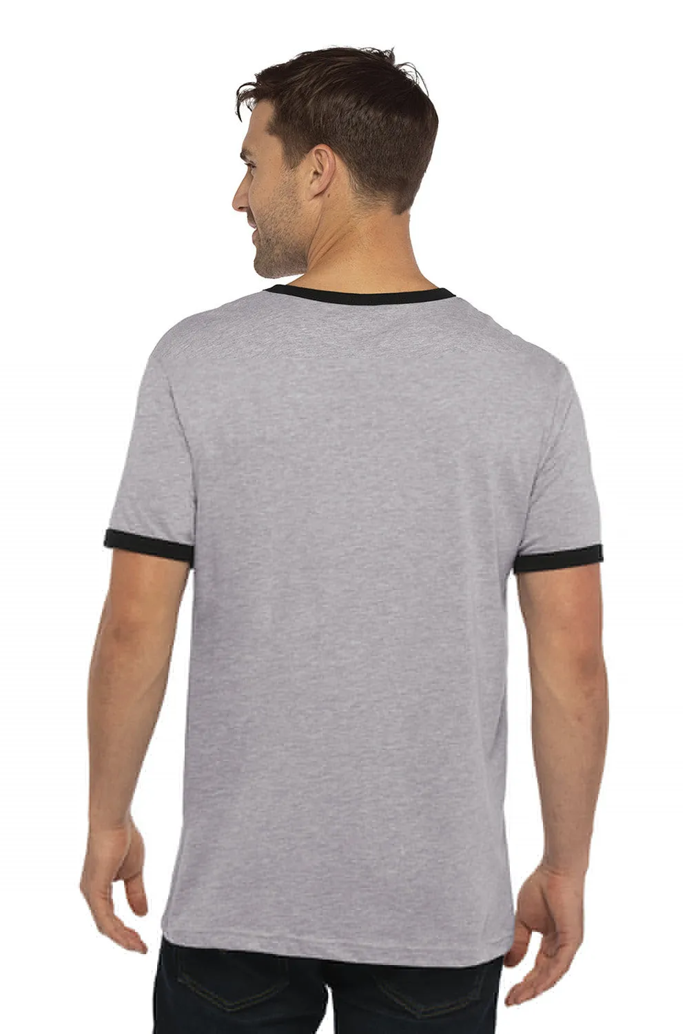 Next Level Mens Fine Jersey Ringer Short Sleeve Crewneck T-Shirt - Heather Grey/Black