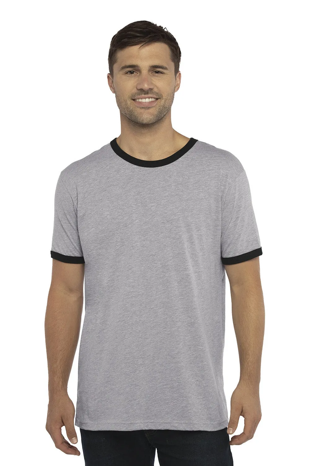 Next Level Mens Fine Jersey Ringer Short Sleeve Crewneck T-Shirt - Heather Grey/Black