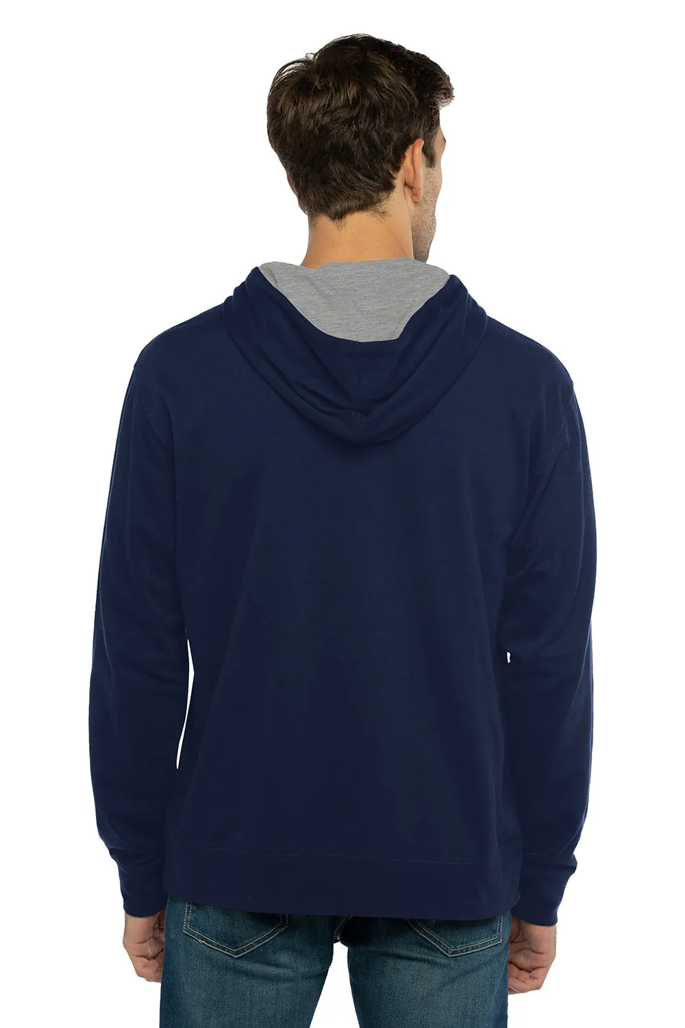 Next Level Mens French Terry Fleece Hooded Sweatshirt Hoodie w/ Pouch Pocket - Midnight Navy Blue/Heather Grey