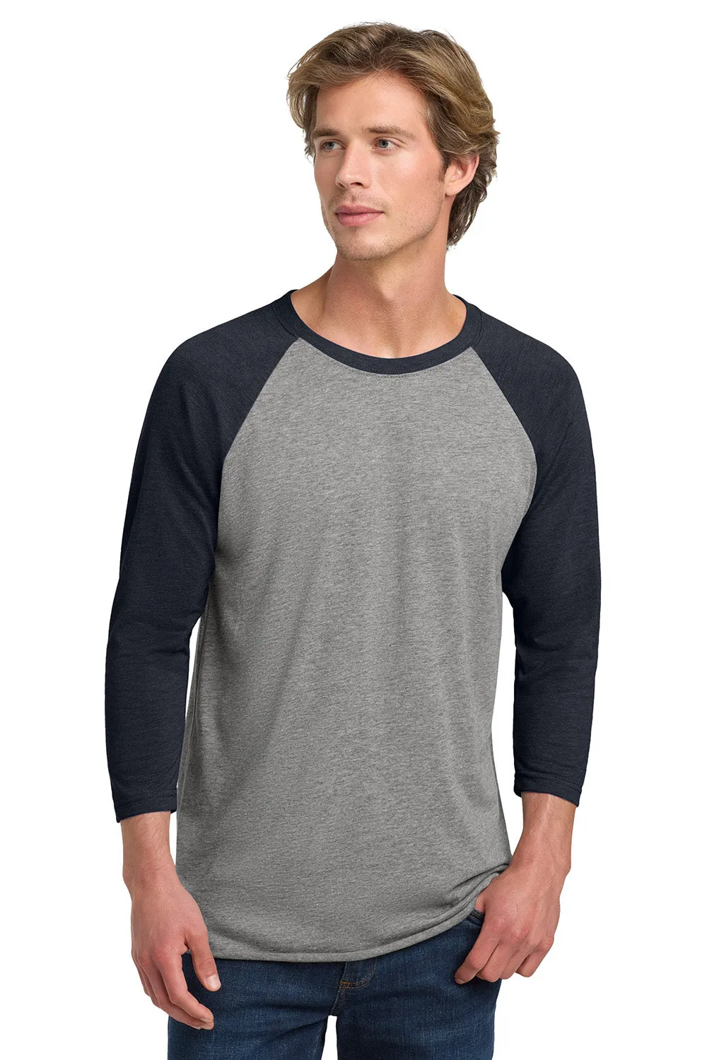 Next Level Mens Jersey 3/4 Sleeve Crewneck T-Shirt - Heather Grey/Vintage Navy Blue
