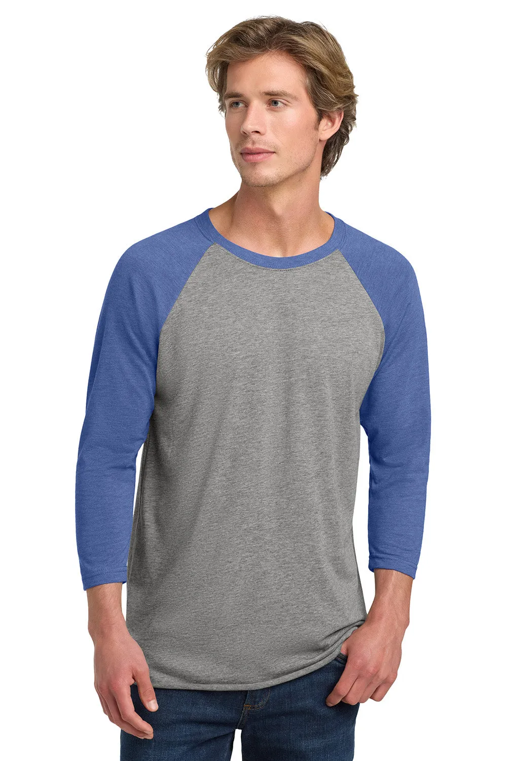 Next Level Mens Jersey 3/4 Sleeve Crewneck T-Shirt - Heather Grey/Vintage Royal Blue