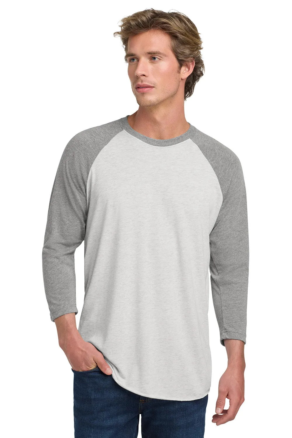 Next Level Mens Jersey 3/4 Sleeve Crewneck T-Shirt - Heather White/Heather Grey