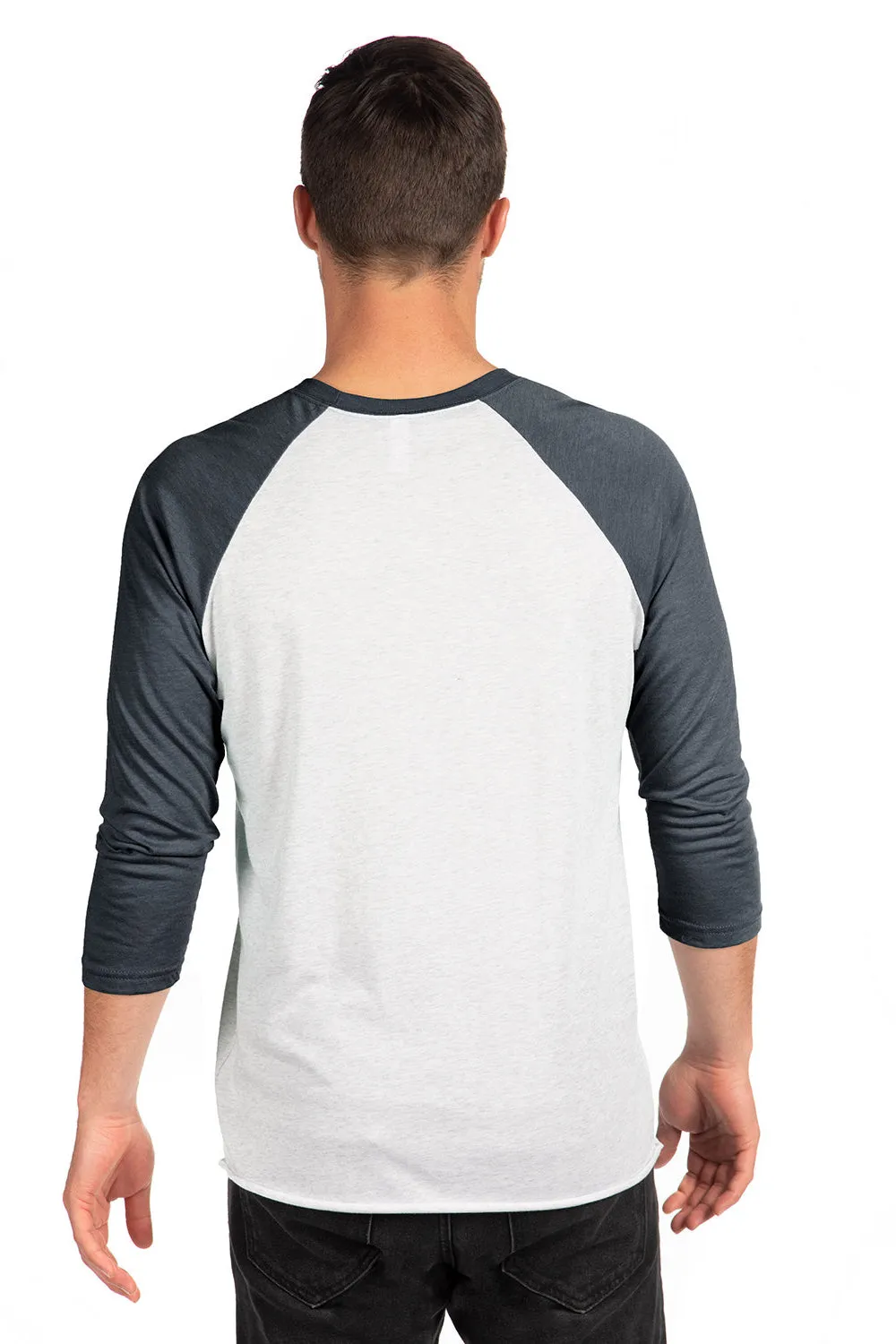 Next Level Mens Jersey 3/4 Sleeve Crewneck T-Shirt - Heather White/Indigo Blue