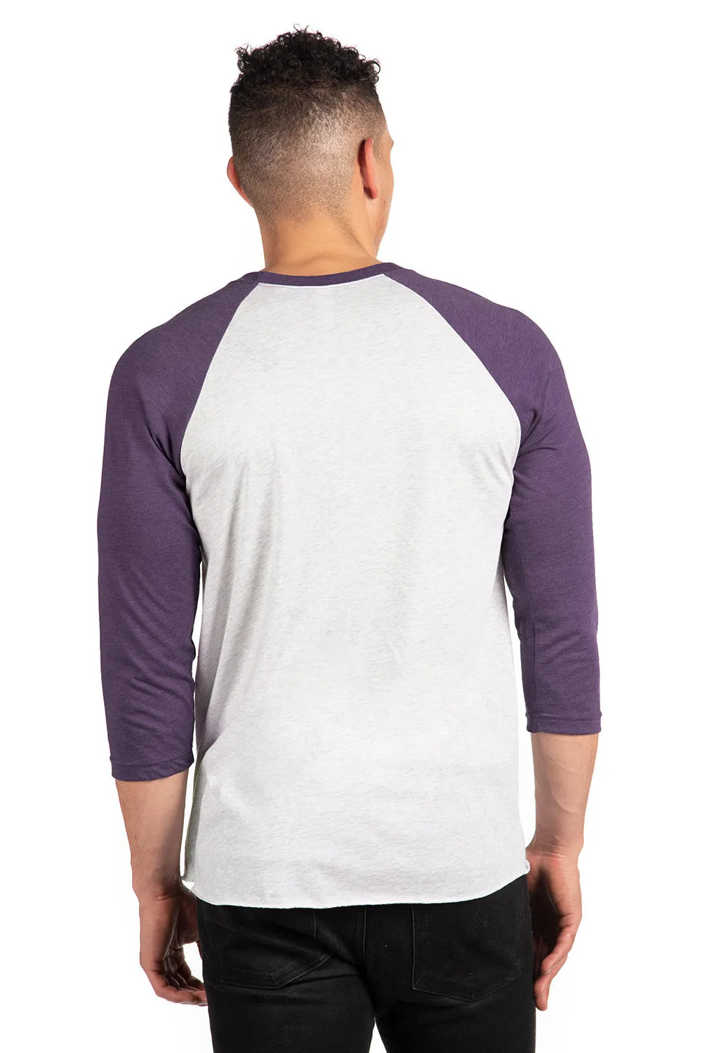 Next Level Mens Jersey 3/4 Sleeve Crewneck T-Shirt - Heather White/Purple Rush