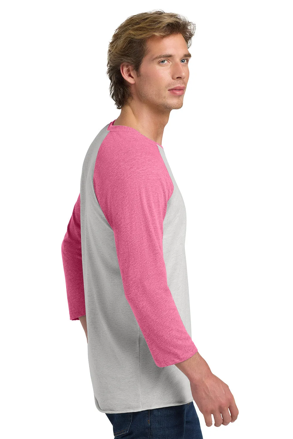Next Level Mens Jersey 3/4 Sleeve Crewneck T-Shirt - Heather White/Vintage Pink