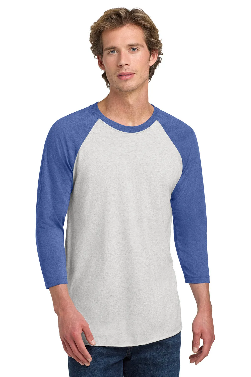 Next Level Mens Jersey 3/4 Sleeve Crewneck T-Shirt - Heather White/Vintage Royal Blue