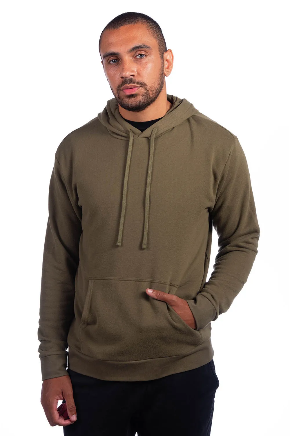 Next Level Mens Sueded French Terry Hooded Sweatshirt Hoodie w/ Pouch Pocket - Military Green