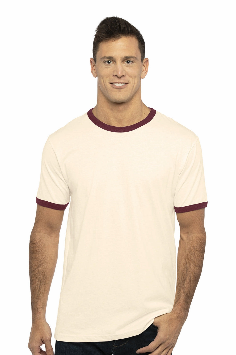 Next Level Mens Fine Jersey Ringer Short Sleeve Crewneck T-Shirt - Natural/Maroon
