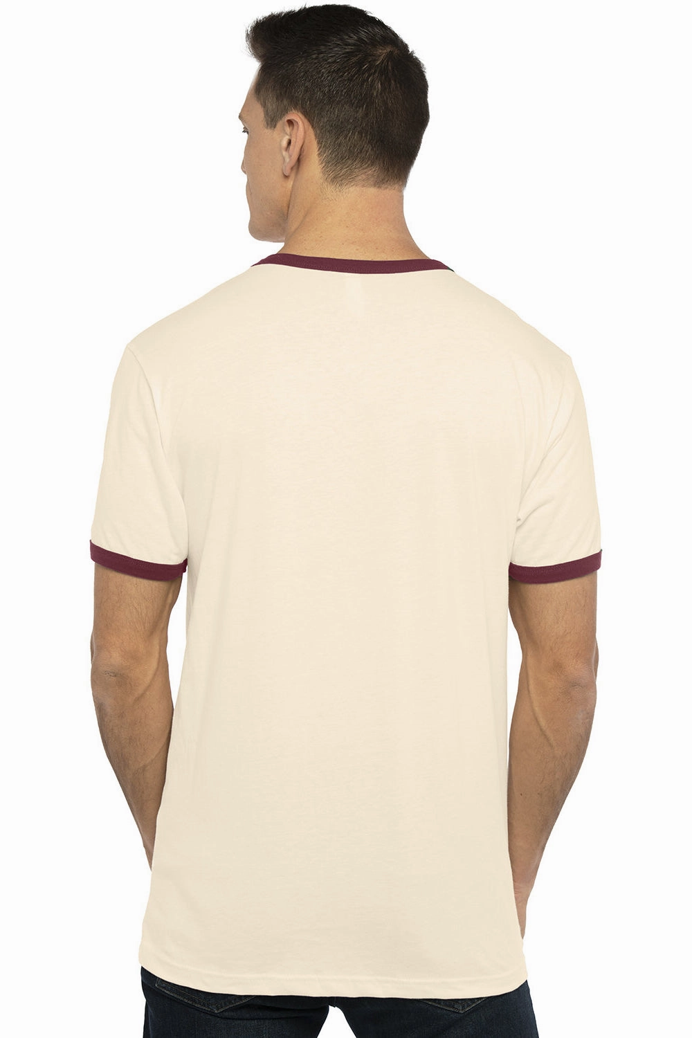 Next Level Mens Fine Jersey Ringer Short Sleeve Crewneck T-Shirt - Natural/Maroon