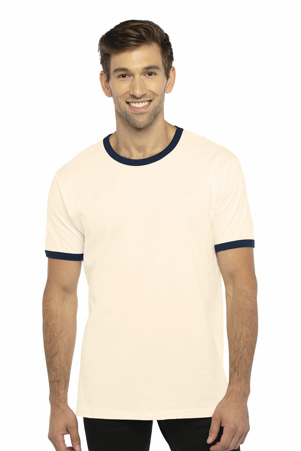 Next Level Mens Fine Jersey Ringer Short Sleeve Crewneck T-Shirt - Natural/Midnight Navy Blue
