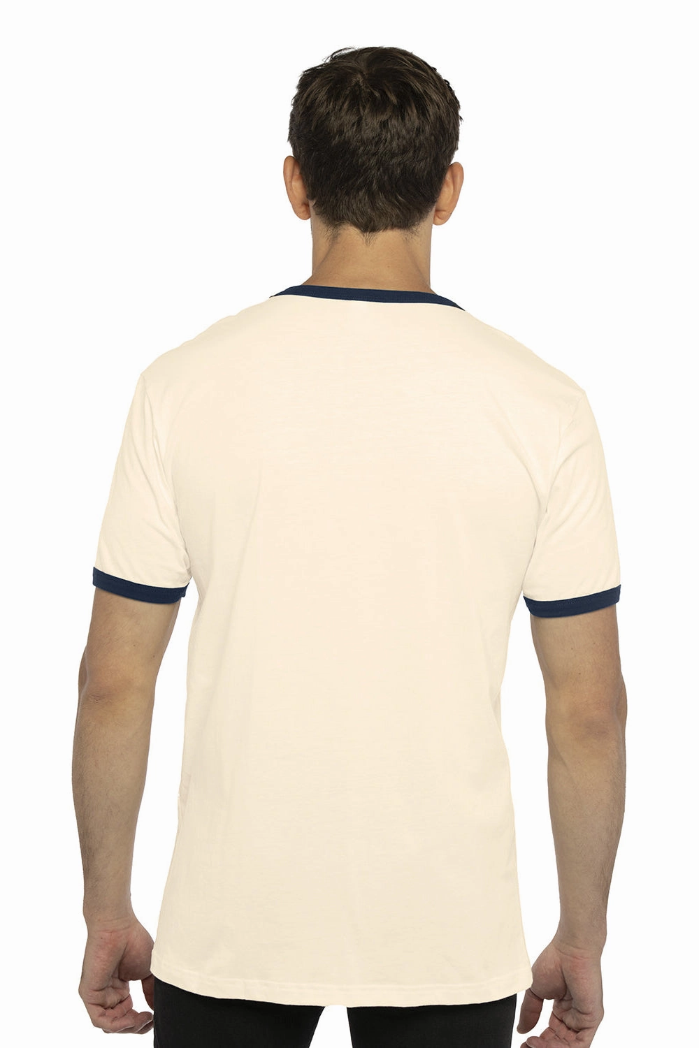 Next Level Mens Fine Jersey Ringer Short Sleeve Crewneck T-Shirt - Natural/Midnight Navy Blue