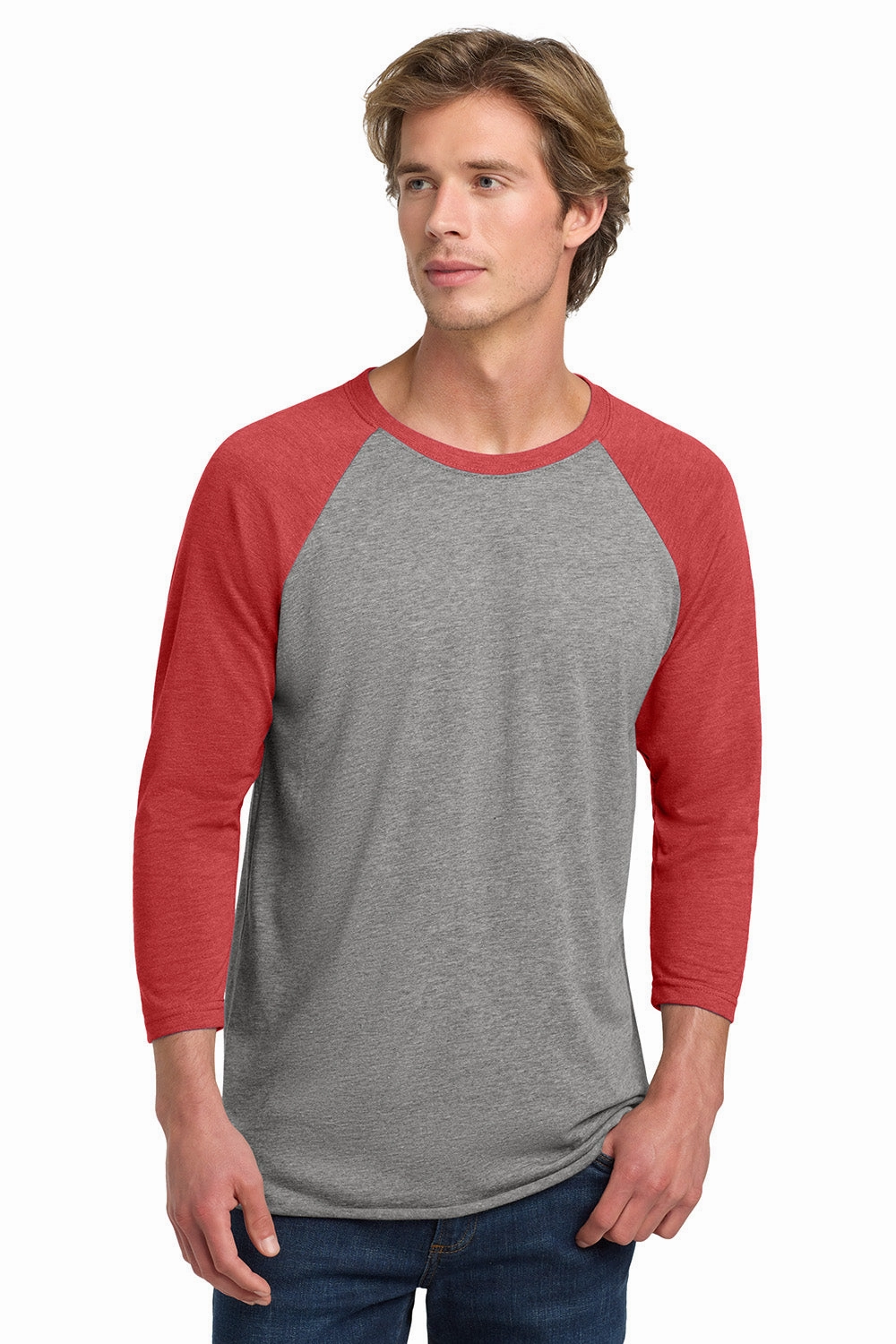 Next Level Mens Jersey 3/4 Sleeve Crewneck T-Shirt - Heather Grey/Vintage Red