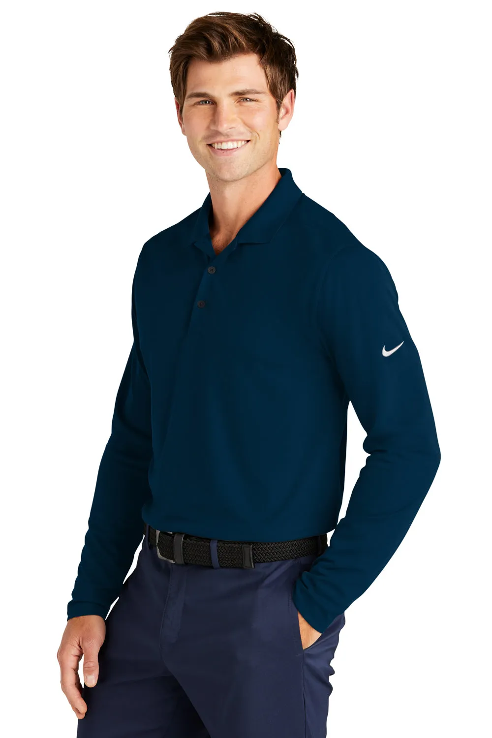Nike Mens Dri-Fit Moisture Wicking Micro Pique 2.0 Long Sleeve Polo Shirt - Navy Blue