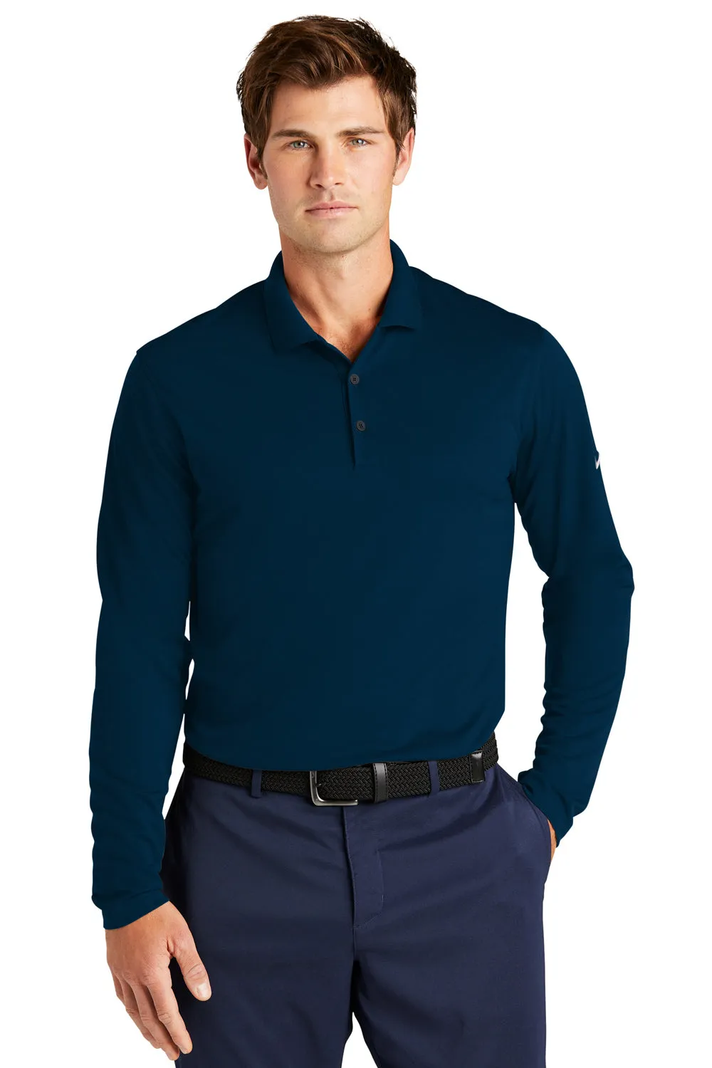 Nike Mens Dri-Fit Moisture Wicking Micro Pique 2.0 Long Sleeve Polo Shirt - Navy Blue