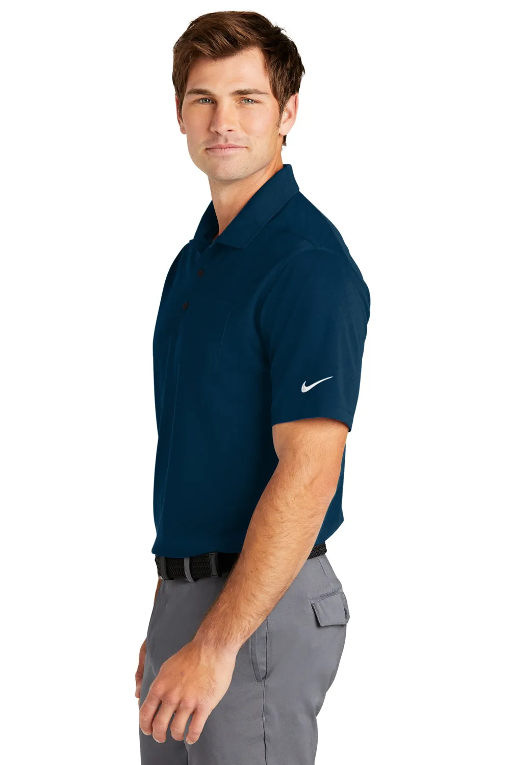 Nike Mens Dri-Fit Moisture Wicking Micro Pique 2.0 Short Sleeve Polo Shirt w/ Pocket - Navy Blue