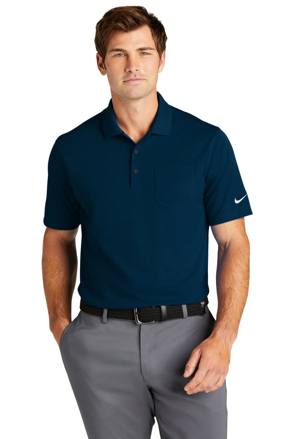 Nike Mens Dri-Fit Moisture Wicking Micro Pique 2.0 Short Sleeve Polo Shirt w/ Pocket - Navy Blue