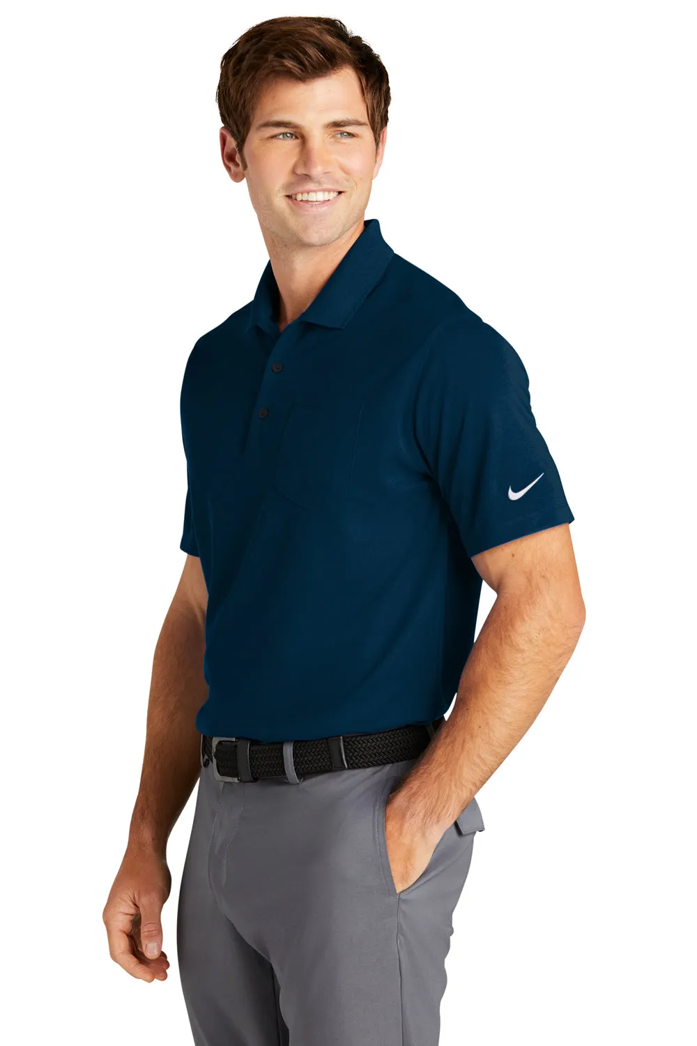 Nike Mens Dri-Fit Moisture Wicking Micro Pique 2.0 Short Sleeve Polo Shirt w/ Pocket - Navy Blue