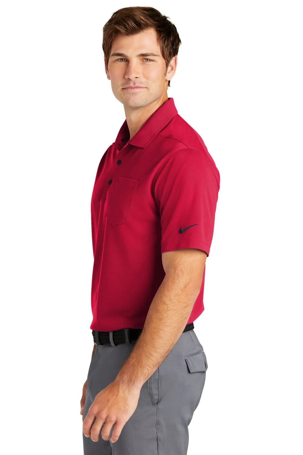 Nike Mens Dri-Fit Moisture Wicking Micro Pique 2.0 Short Sleeve Polo Shirt w/ Pocket - University Red