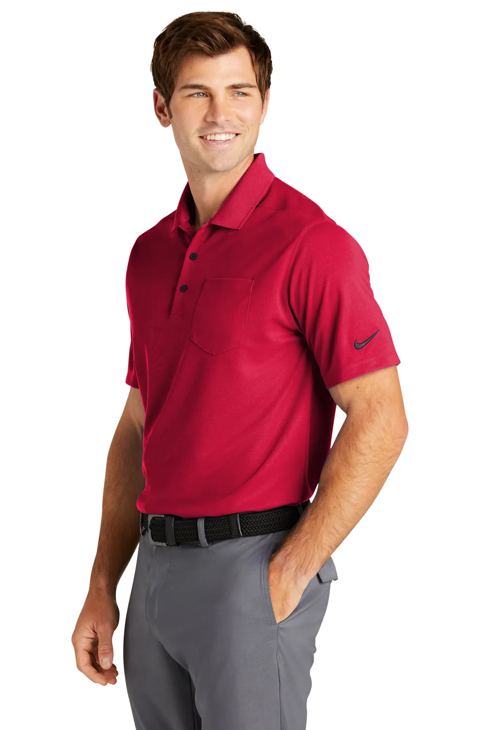 Nike Mens Dri-Fit Moisture Wicking Micro Pique 2.0 Short Sleeve Polo Shirt w/ Pocket - University Red
