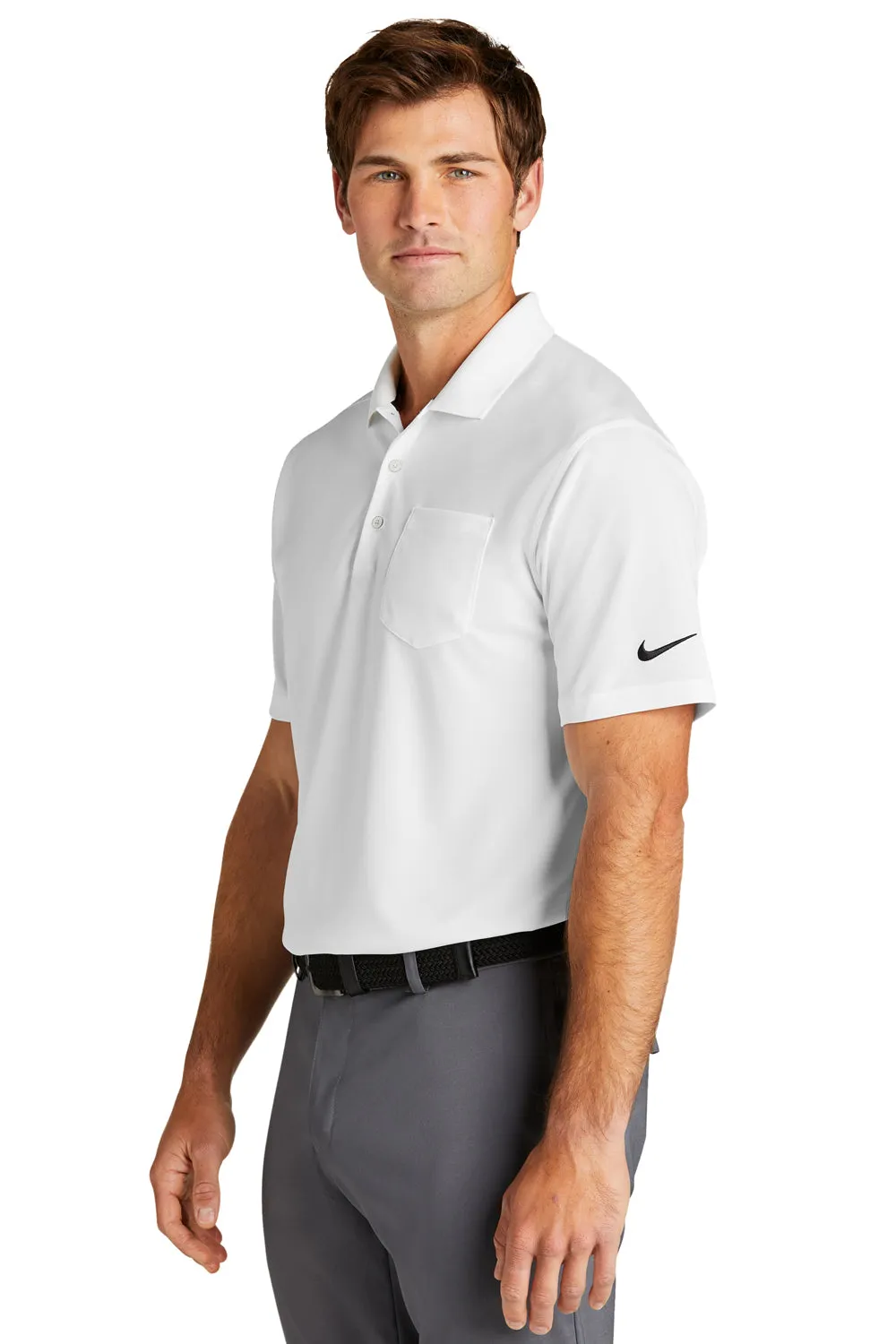 Nike Mens Dri-Fit Moisture Wicking Micro Pique 2.0 Short Sleeve Polo Shirt w/ Pocket - White
