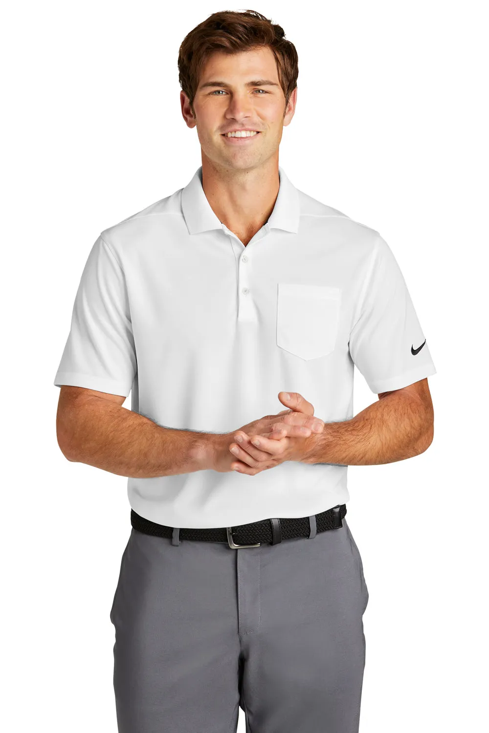 Nike Mens Dri-Fit Moisture Wicking Micro Pique 2.0 Short Sleeve Polo Shirt w/ Pocket - White