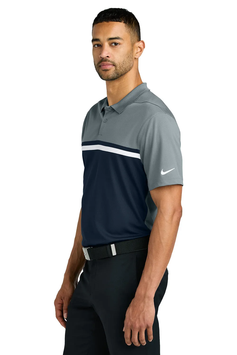 Nike Mens Victory Dri-Fit Moisture Wicking Colorblock Short Sleeve Polo Shirt - Cool Grey/Navy Blue/White