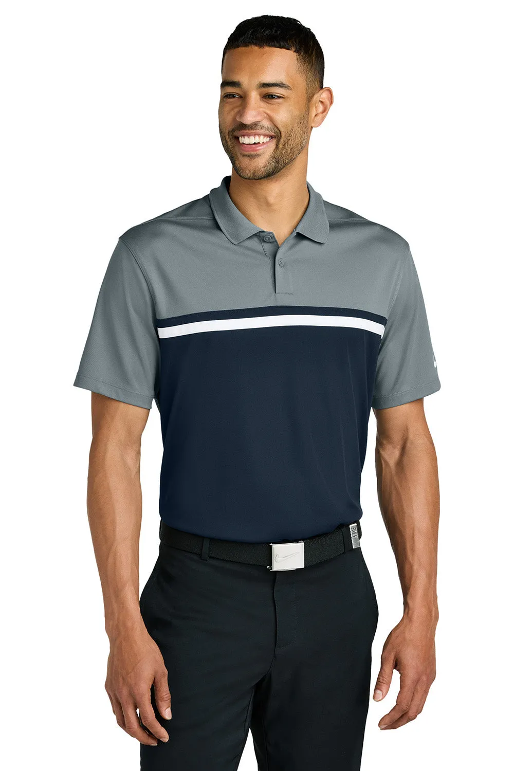 Nike Mens Victory Dri-Fit Moisture Wicking Colorblock Short Sleeve Polo Shirt - Cool Grey/Navy Blue/White