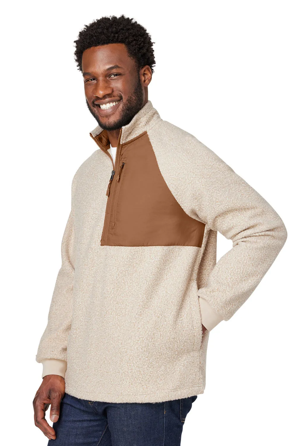 North End Mens Aura Sweater Fleece 1/4 Zip Sweatshirt w/ Pockets - Heather Oatmeal/Teak