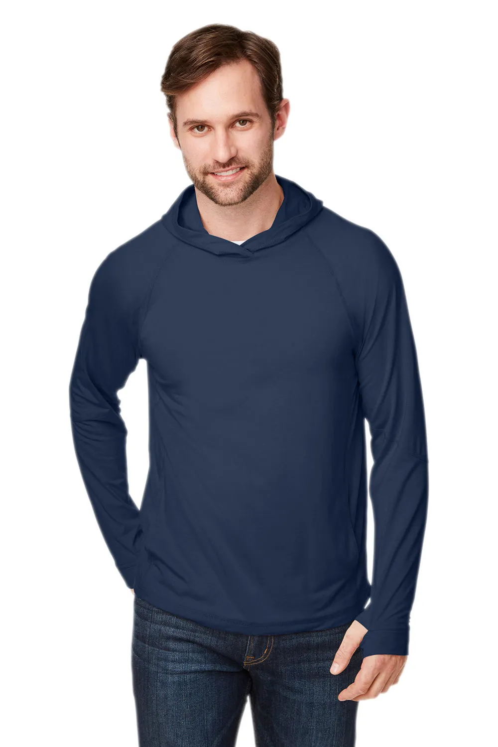 North End Mens Jaq Stretch Performance Moisture Wicking Long Sleeve Hooded T-Shirt Hoodie - Classic Navy Blue