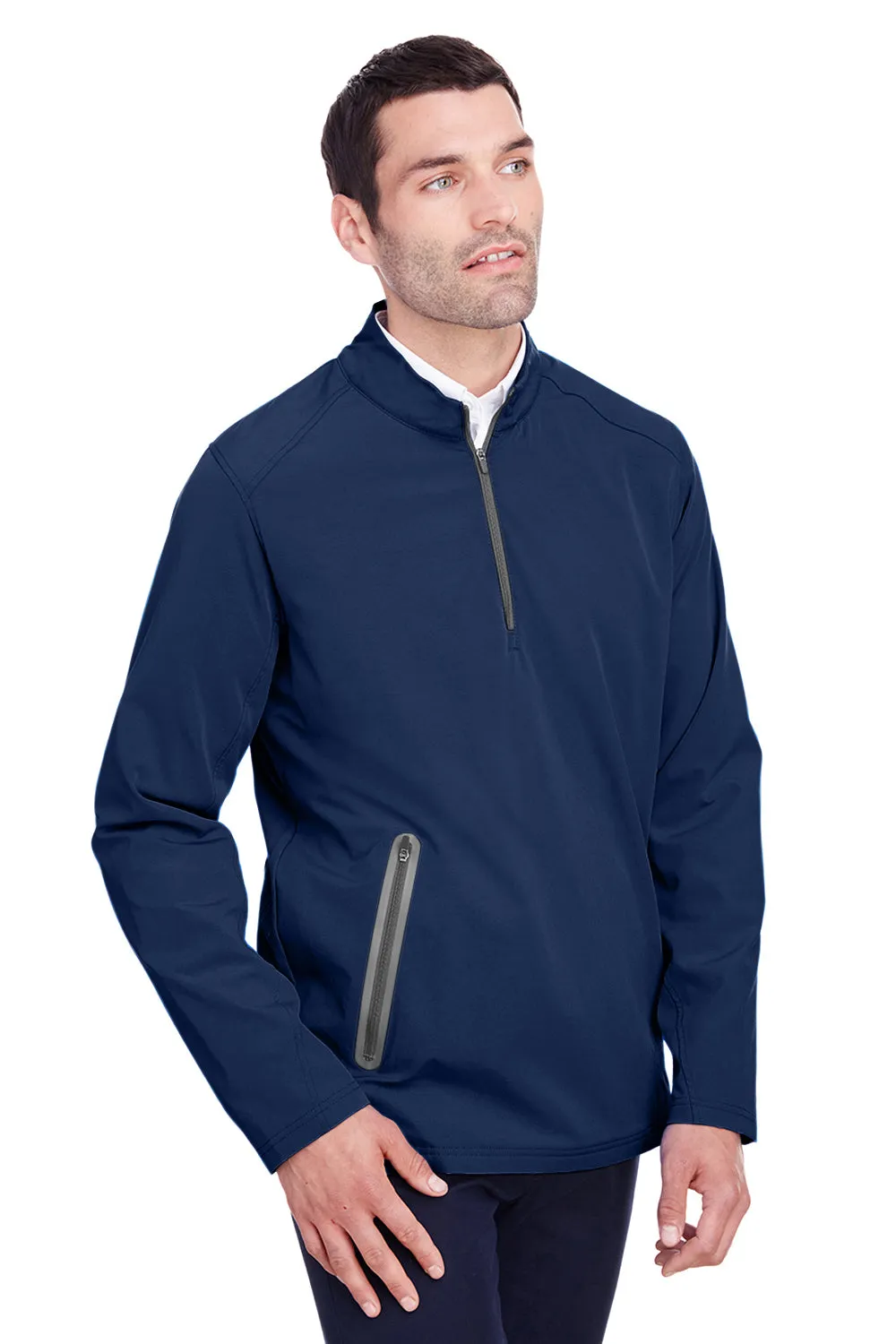 North End Mens Quest Performance Moisture Wicking 1/4 Zip Sweatshirt w/ Pockets - Classic Navy Blue/Carbon Grey - Closeout