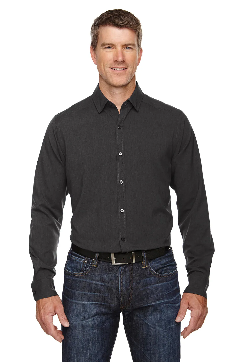 North End Mens Sport Blue Performance Moisture Wicking Long Sleeve Button Down Shirt - Heather Carbon Grey - Closeout