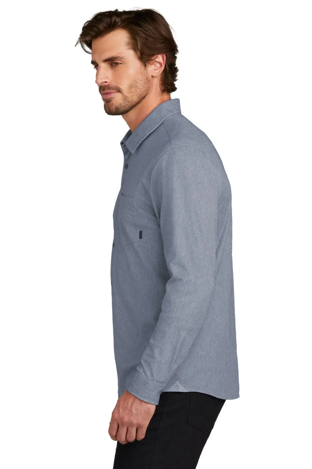 Ogio Mens Extend Long Sleeve Button Down Shirt w/ Pocket - Heather Deep Blue