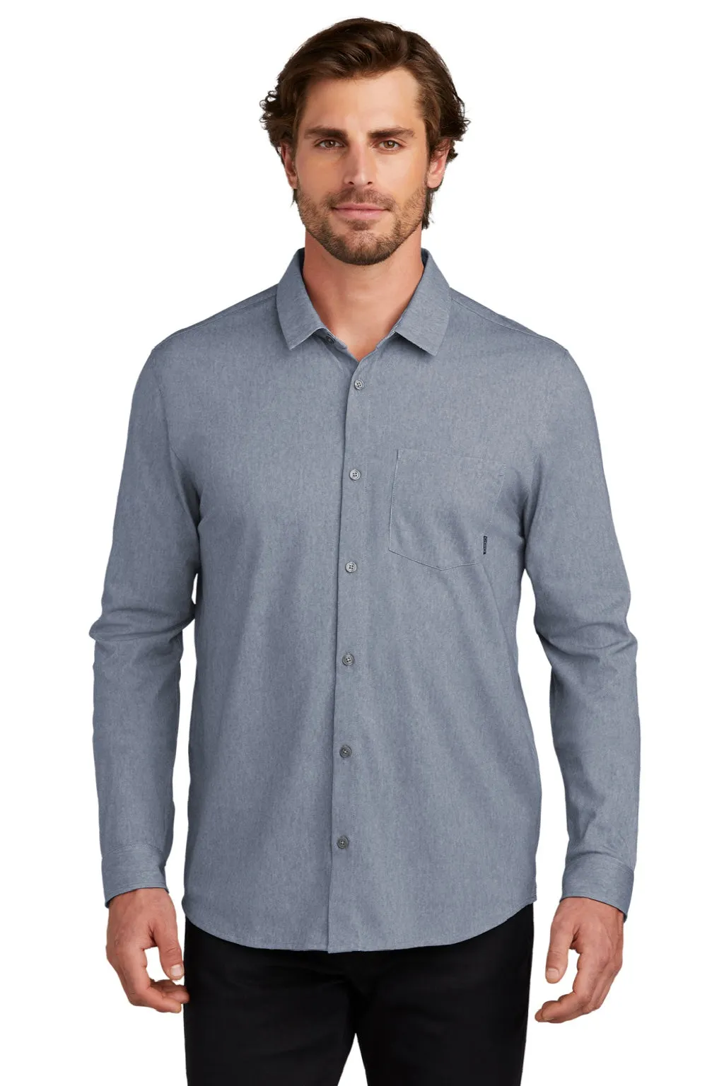 Ogio Mens Extend Long Sleeve Button Down Shirt w/ Pocket - Heather Deep Blue