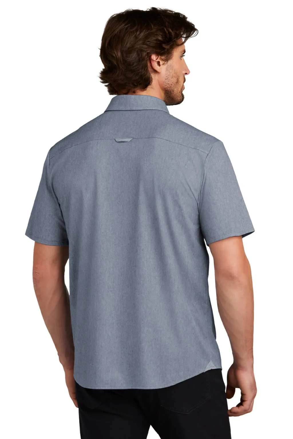 Ogio Mens Extend Short Sleeve Button Down Shirt w/ Pocket - Heather Deep Blue