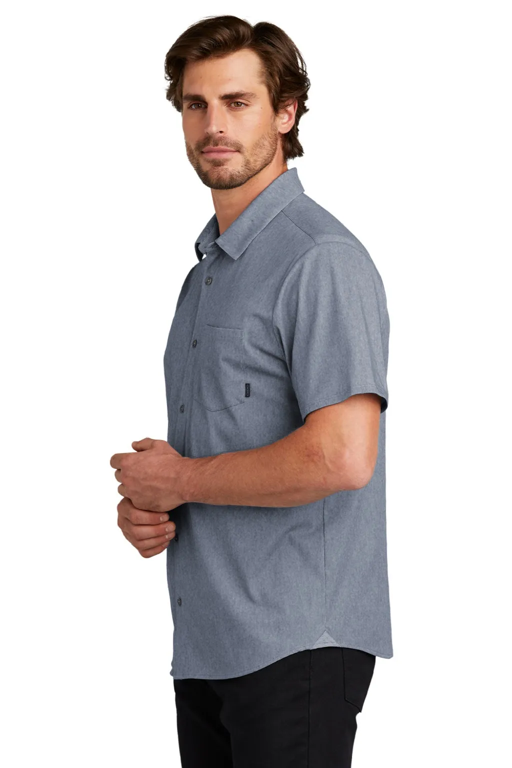 Ogio Mens Extend Short Sleeve Button Down Shirt w/ Pocket - Heather Deep Blue