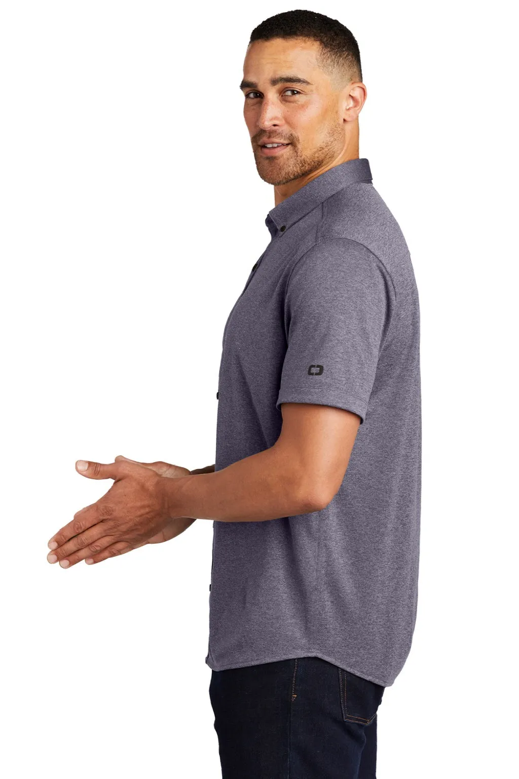 Ogio Mens Gravitate Moisture Wicking Short Sleeve Button Down Shirt - Heather Navy Blue