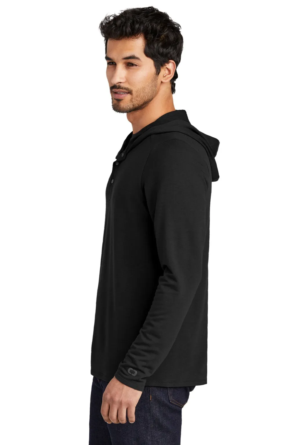 Ogio Mens Luuma Flex Hooded Long Sleeve Henley - Blacktop