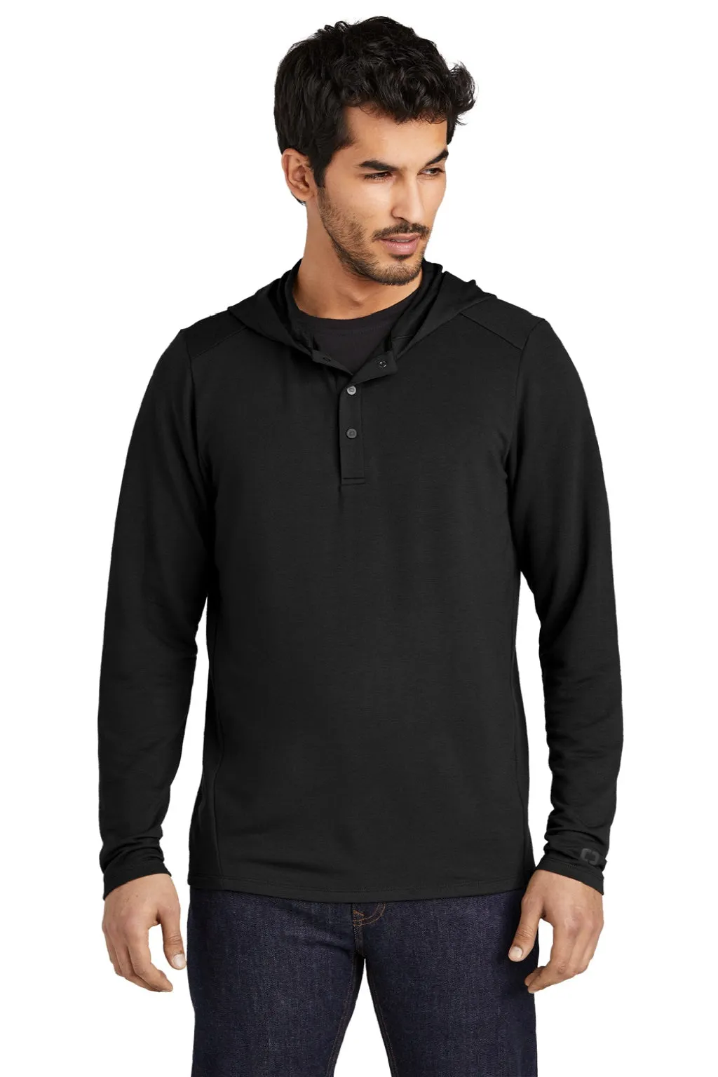 Ogio Mens Luuma Flex Hooded Long Sleeve Henley - Blacktop