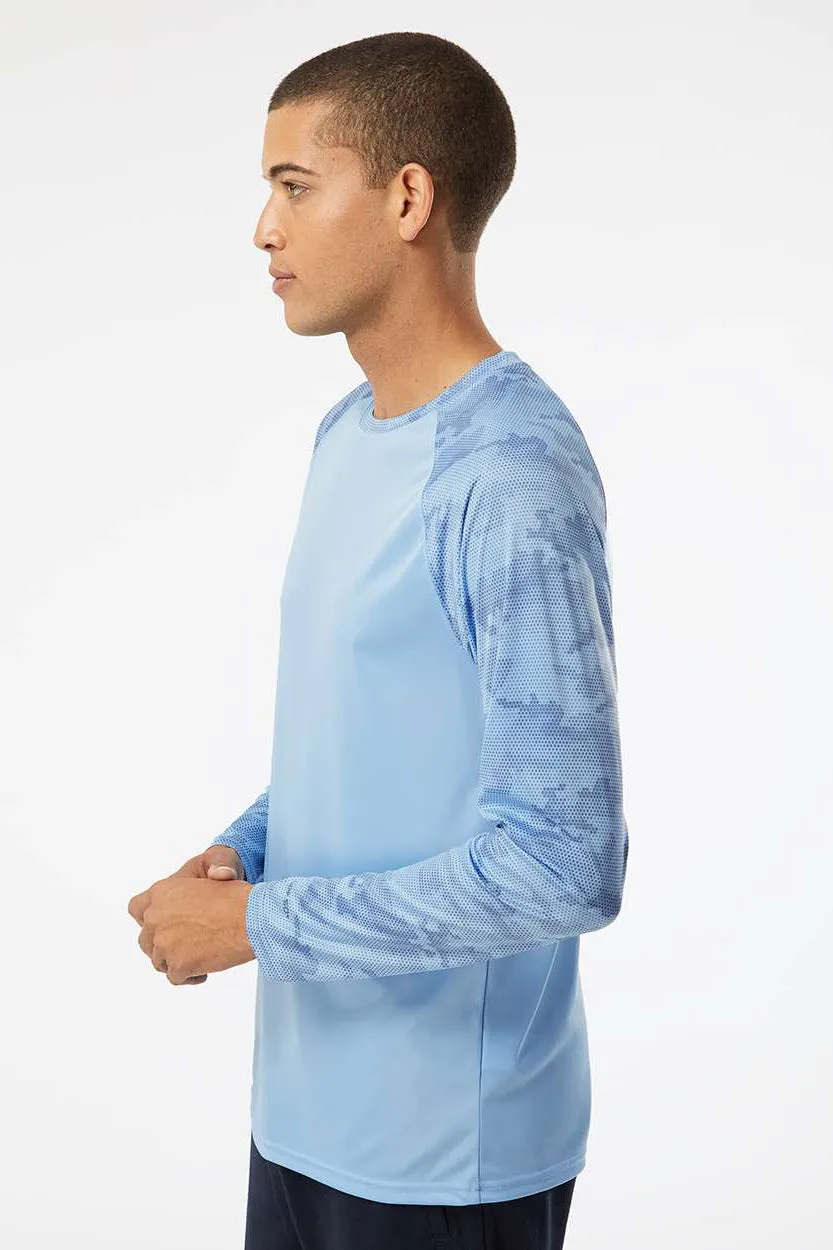 Paragon Mens Cayman Performance Moisture Wicking Camo Colorblock Long Sleeve Crewneck T-Shirt - Blue Mist