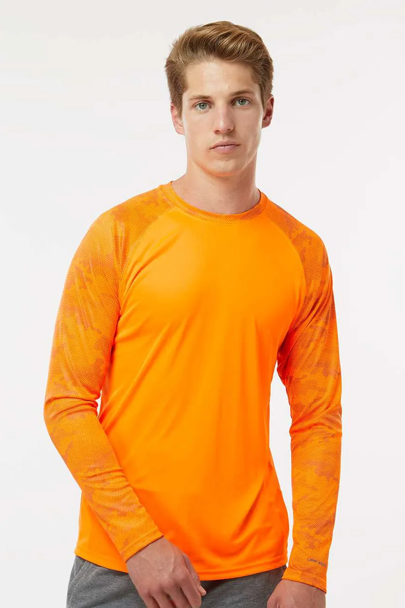 Paragon Mens Cayman Performance Moisture Wicking Camo Colorblock Long Sleeve Crewneck T-Shirt - Neon Orange