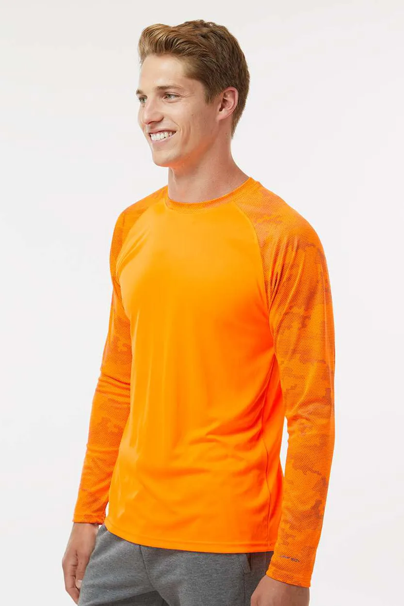 Paragon Mens Cayman Performance Moisture Wicking Camo Colorblock Long Sleeve Crewneck T-Shirt - Neon Orange