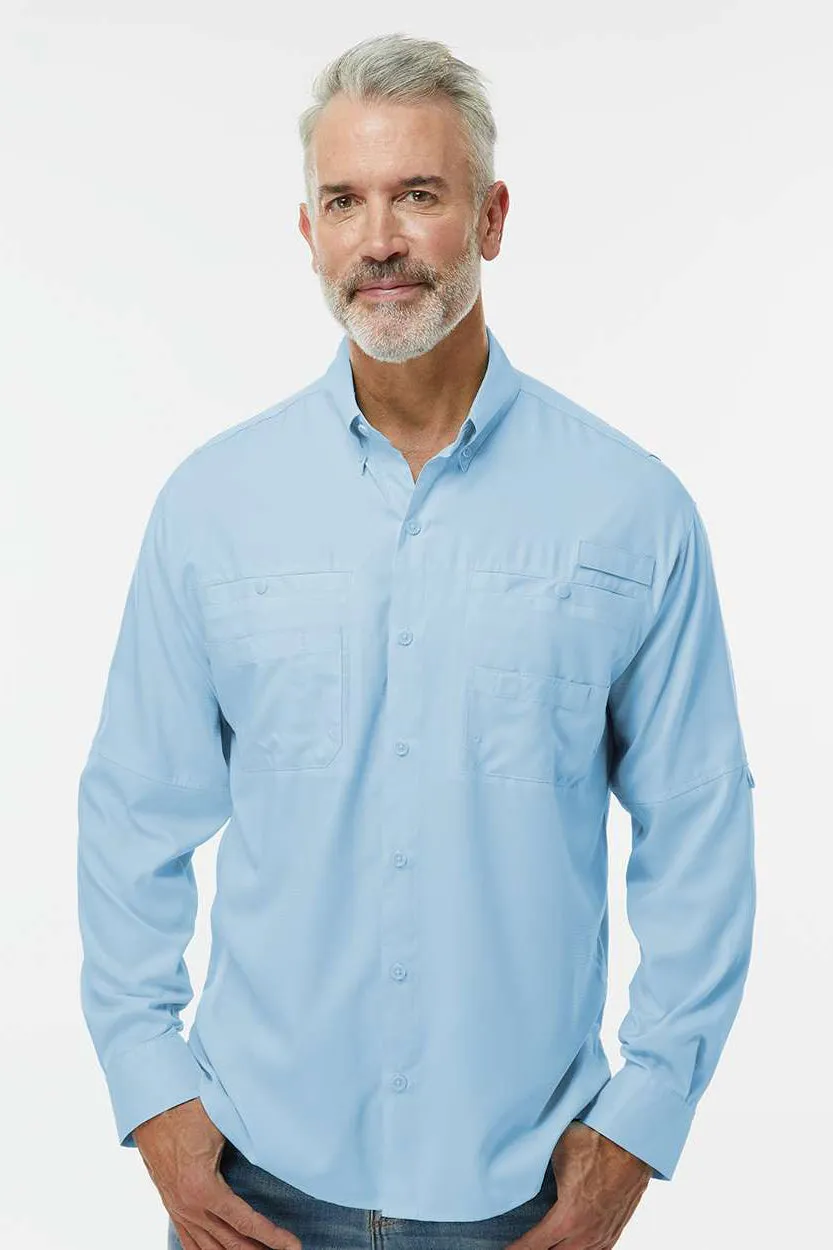 Paragon Mens Kitty Hawk Performance Moisture Wicking Long Sleeve Button Down Shirt w/ Double Pockets - Blue Mist