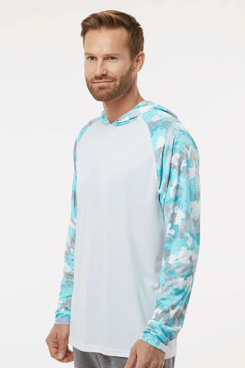 Paragon Mens Tortuga Extreme Performance Moisture Wicking Long Sleeve Hooded T-Shirt Hoodie - White/Aqua Blue Camo
