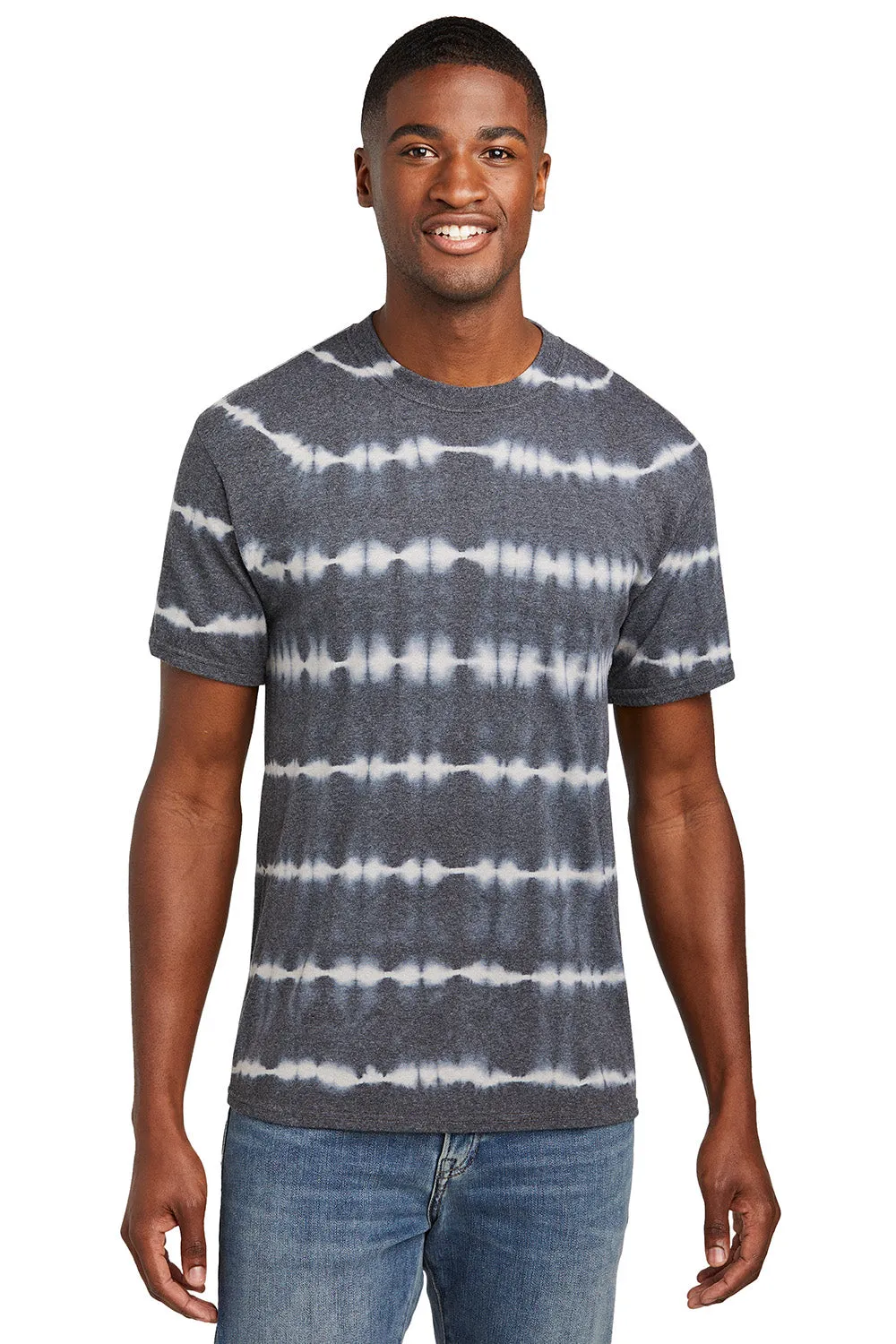 Port & Company Mens Allover Stripe Tie-Dye Short Sleeve Crewneck T-Shirt - Graphite Grey/Light Grey