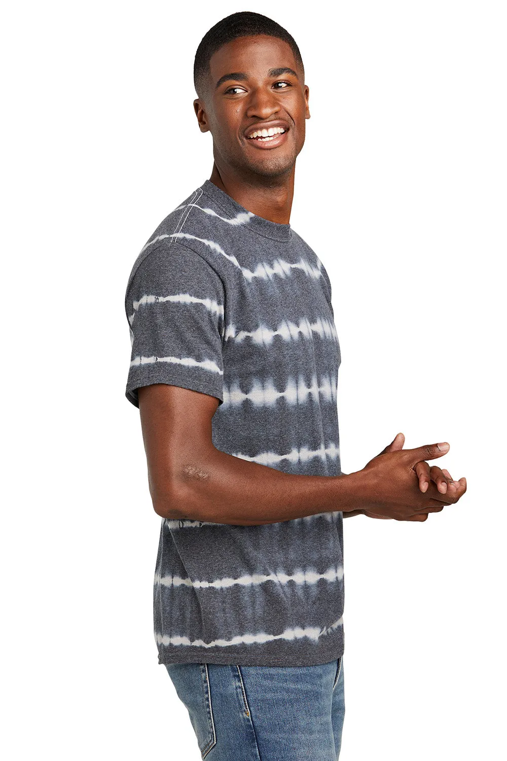 Port & Company Mens Allover Stripe Tie-Dye Short Sleeve Crewneck T-Shirt - Graphite Grey/Light Grey