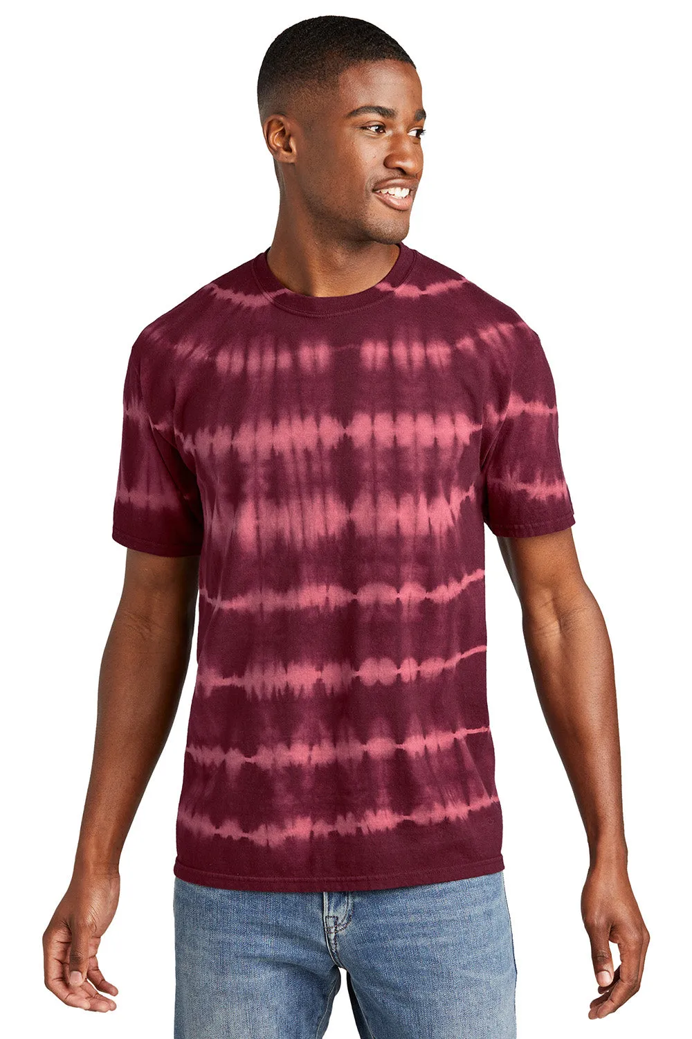 Port & Company Mens Allover Stripe Tie-Dye Short Sleeve Crewneck T-Shirt - Merlot/Burgundy